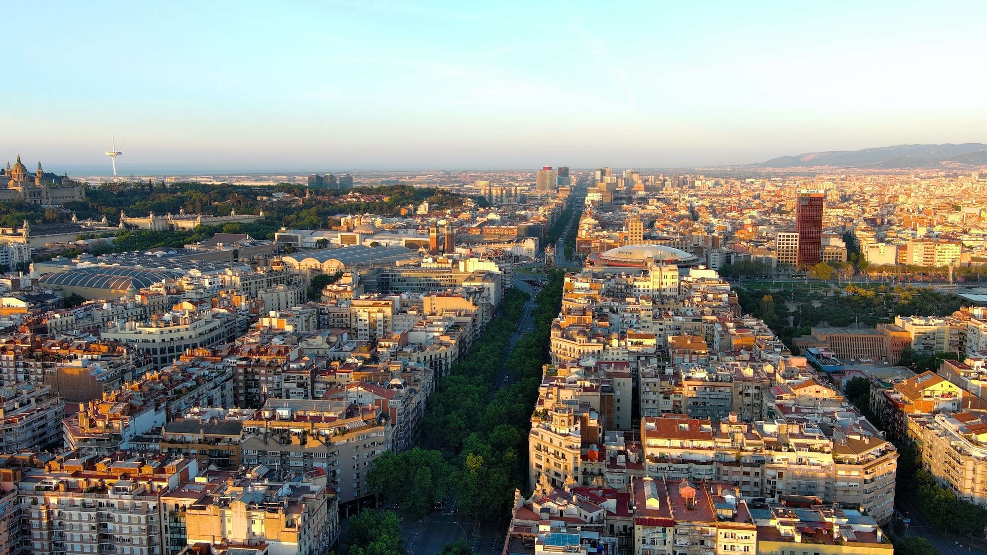 Aerial view of Barcelona City Skyline at sunrise. Plaça d’Espanya (Plaza España)