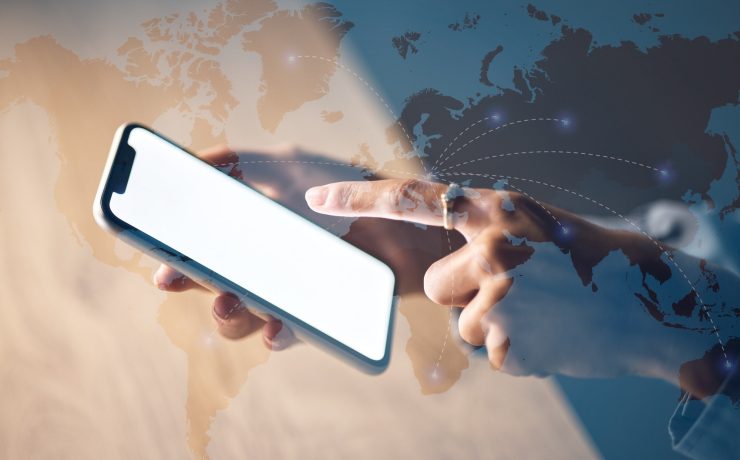 Globe abstract, hands and phone screen for global networking mockup, digital transformation app or