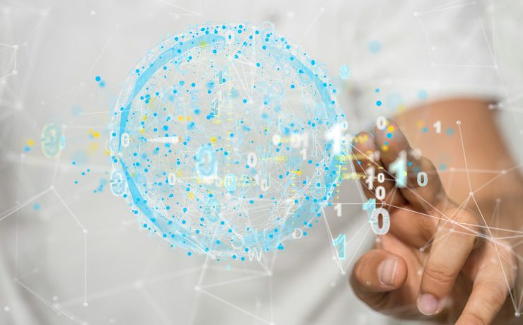 Person presenting a 3D render of cloud computing elements