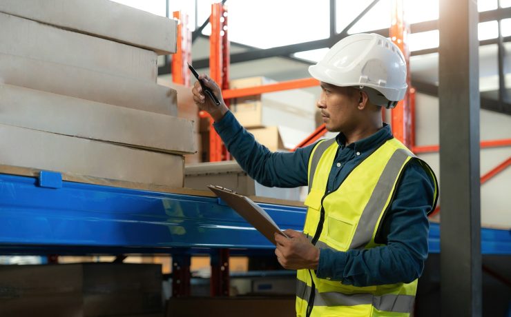 Portrait An Asian warehouse worker in a blue security suit holding clipboard working at store